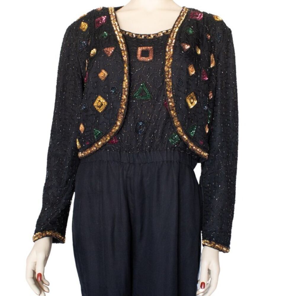VTG Styleworks Embellished Beads Silk Long Sleeve Bolero Multi Women's Size US 8